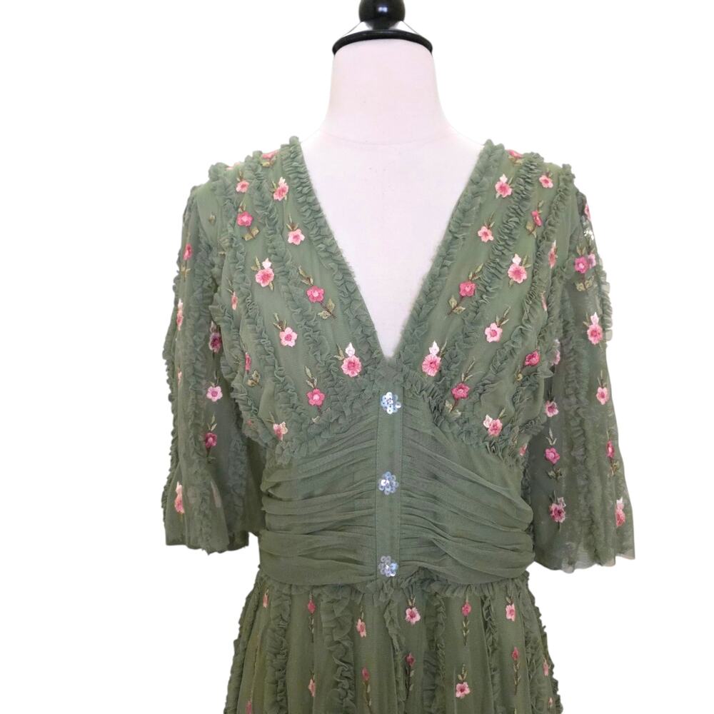Mac Duggal 8028 Green Moss Floral Embroidered Tulle Gown Flutter Sleeve Dress 18 - Picture 8 of 14